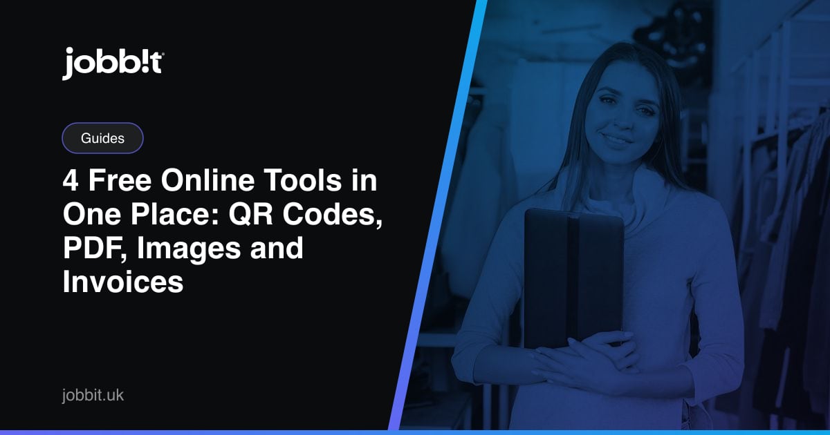 A Jobbit blog cover showing four free online tools: QR code, PDF, image and invoice