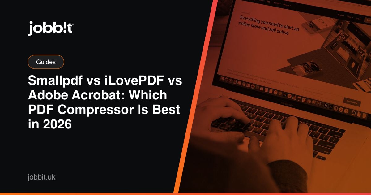 A Jobbit blog cover comparing Smallpdf, iLovePDF, Adobe Acrobat and Jobbit